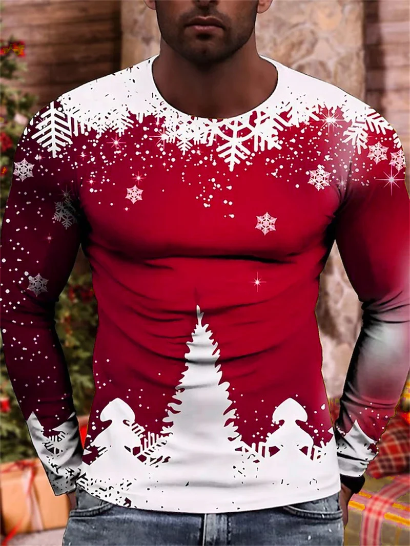 Christmas Tree And Snowflakes Pattern Men's T-Shirts Long Sleeve Christmas Tie-dye 3D Print Street Tee 6XL Plus Size Casual Tops