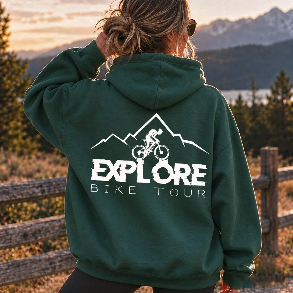 Explore Bike Tour Mountain Biker Silhouette Graphic Hoodie Unisex MTB Cycling Pullover Outdoor Adventure Bike Rider Casual Tops