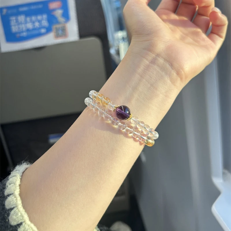 Natural white 6mm , double-loop amethyst and citrine bracelet, versatile style