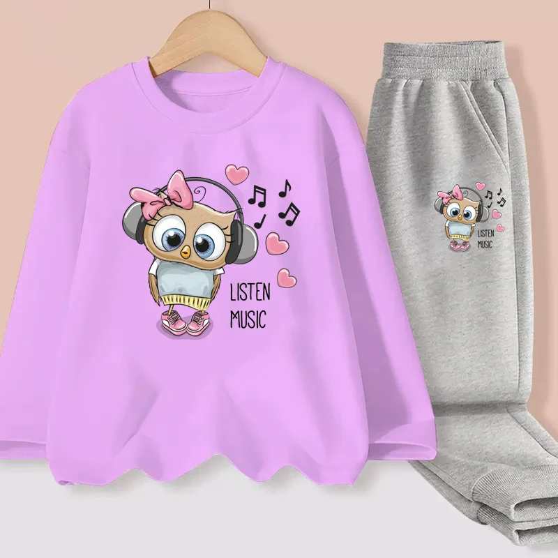 Aimi Lakana Baby Girls Long Sleeve Sets Owl Cartoon T-shirt Kids Casual Cotton Clothing Spring Autumn Dresses 3-14T