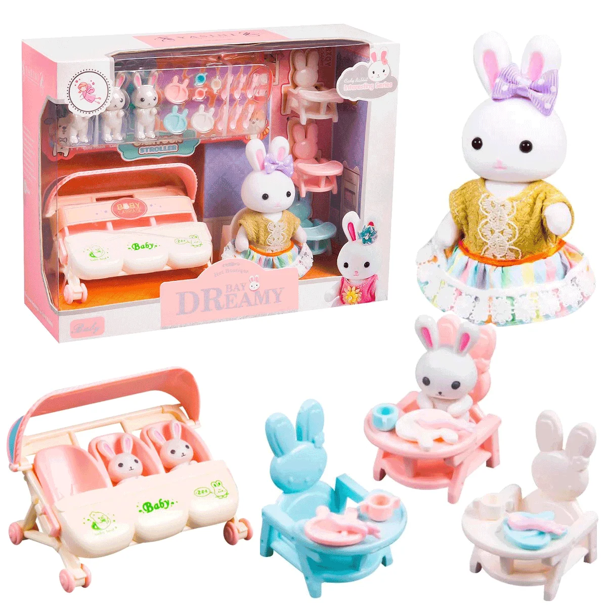 Poppenhuismeubilair Kinderwagen Mini poppenhuis Meubelaccessoires Set Miniatuur Konijn Familiemeubilair Speelhuis Speelgoed