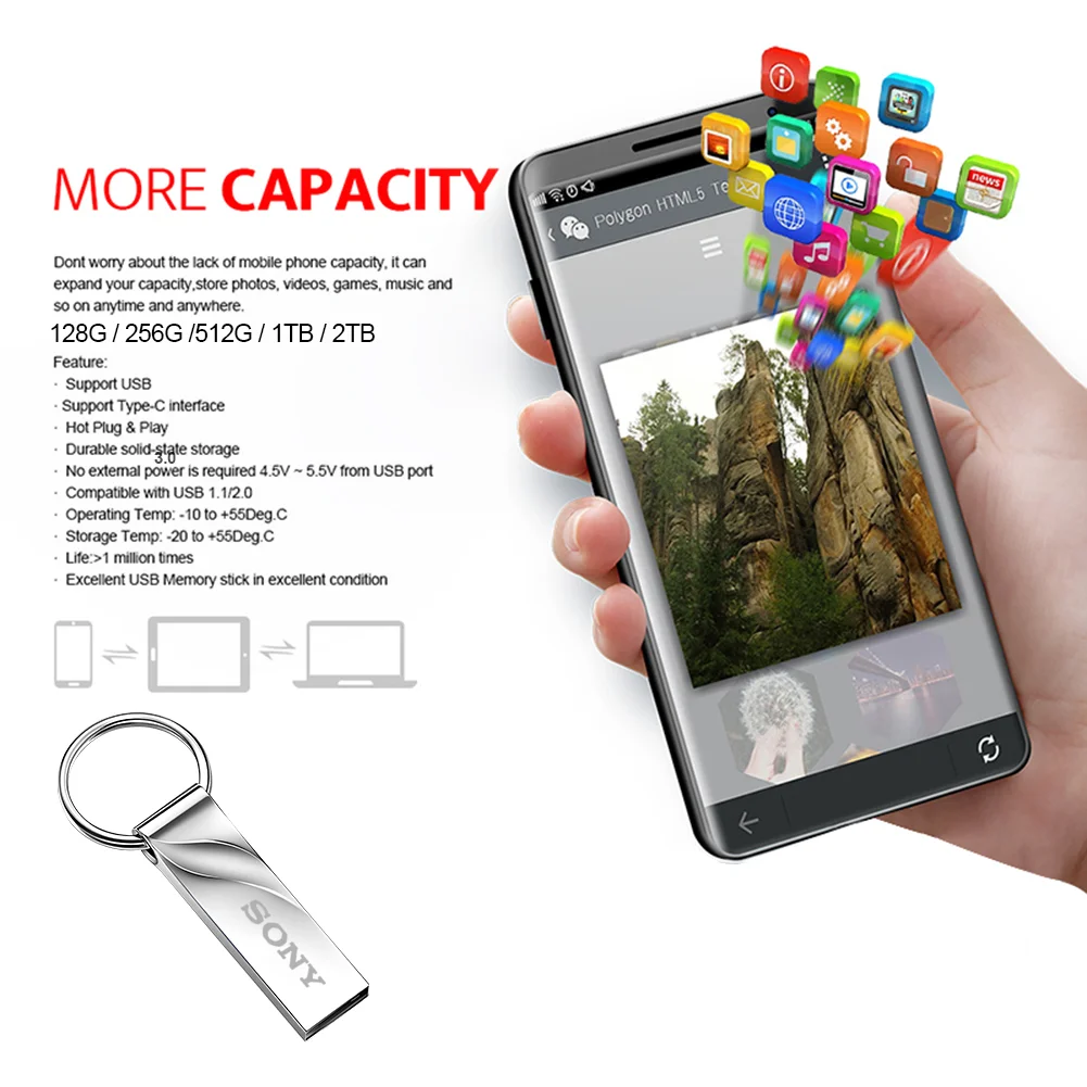 SONY High Speed 512GB Creative USB 3.0 Flash Drive Mini Metal Pen Drive Rotatable For Phone Computer Dual Purpose Gift Transfer