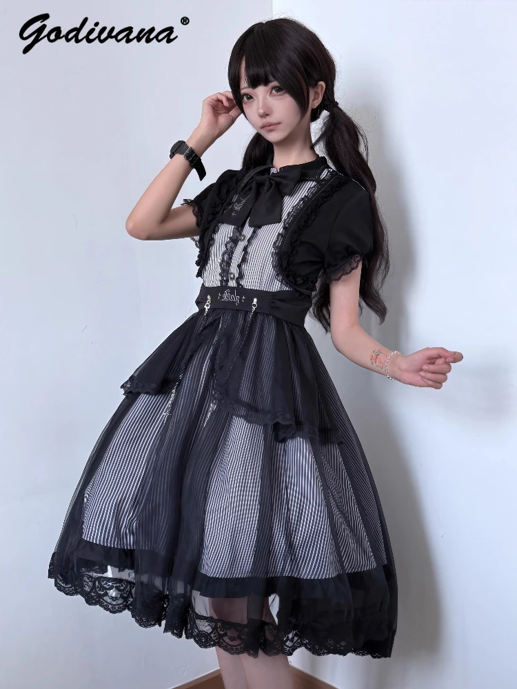 

Original Design Gothic Lolita Dress Female Subculture Gauze Stitching Fake Two-Piece Slim Striped OP Dresses