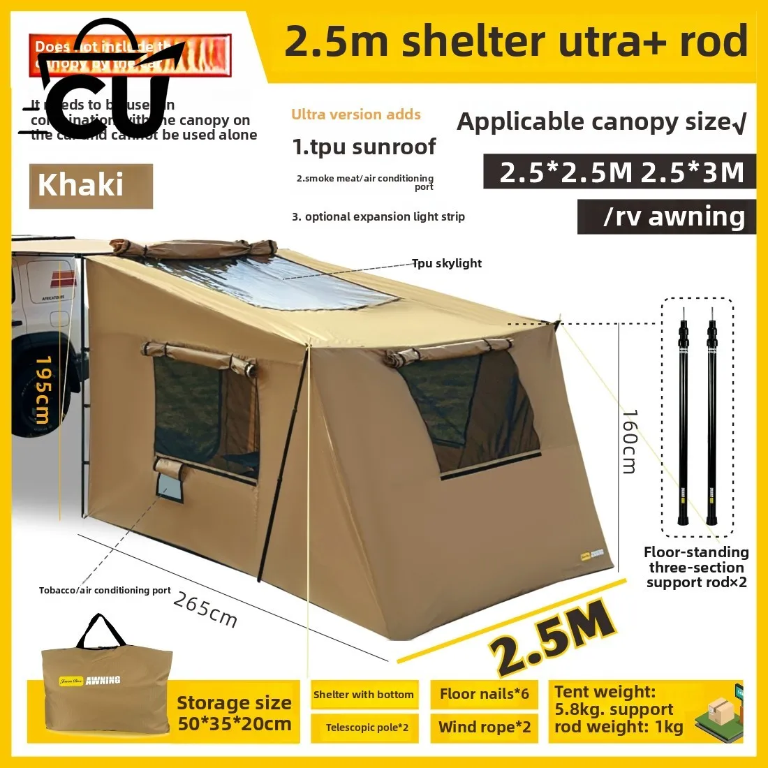 Outdoor Side Tent Expansion Accessories Shelter Plus Canopy Tent Car Side Tent Roof Rainproof Shade