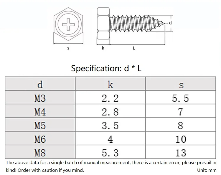 M3 M4 M5 M6 M8 304 Stainless Steel Cross Recessed Hexagon Head Self Tapping Screws with Indentation Phillips Hex Head Wood Bolts