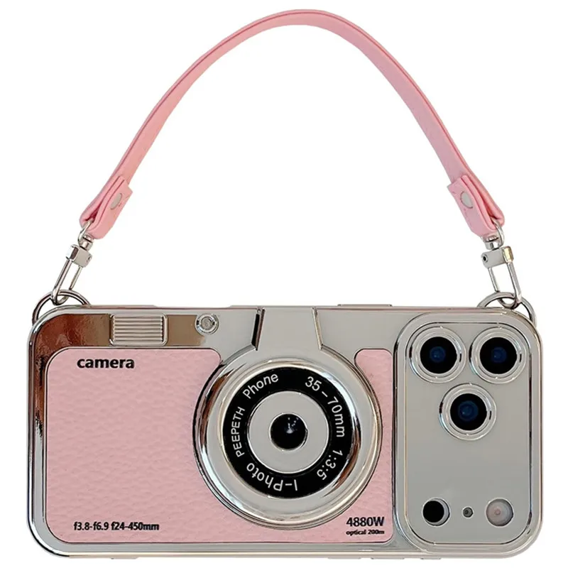 Klassische Emily in Paris Kamera-Handyhülle mit Trageriemen für iPhone Air 17 16 15 14 13 12 Pro Max Plus 17Pro Rosa Leder-Handyhülle