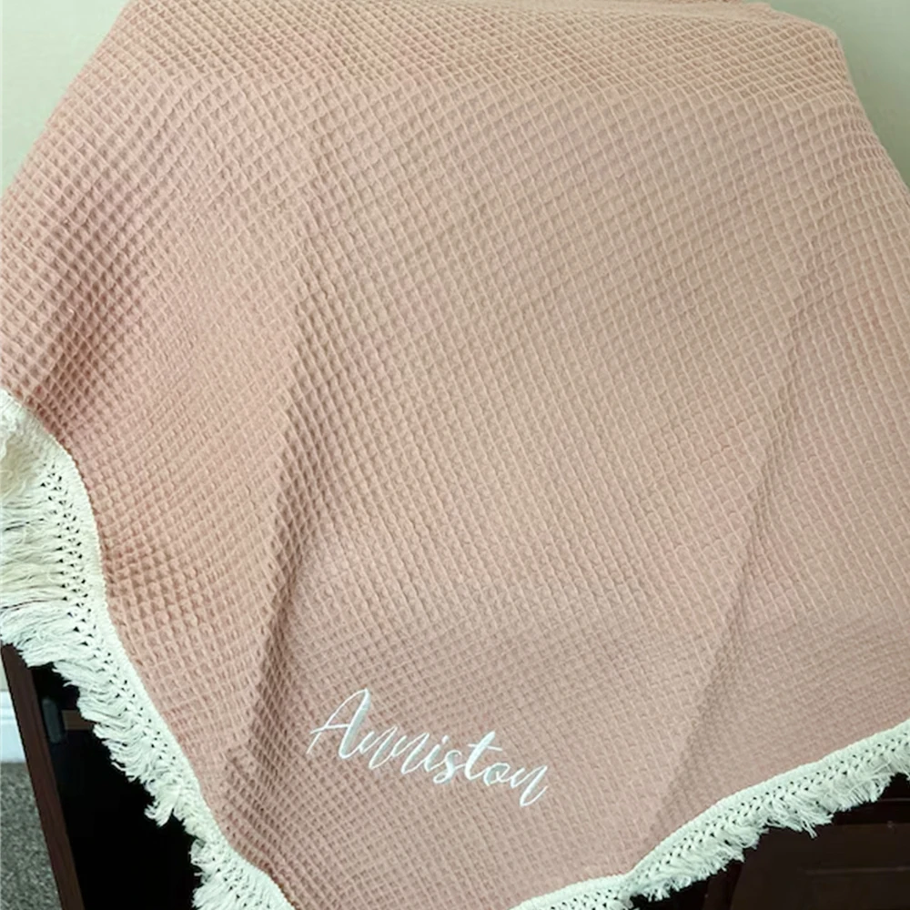 Custom New style cotton waffle fringe edge blanket Personalized Name baby bath towel cover blanket office cape sofa blanket