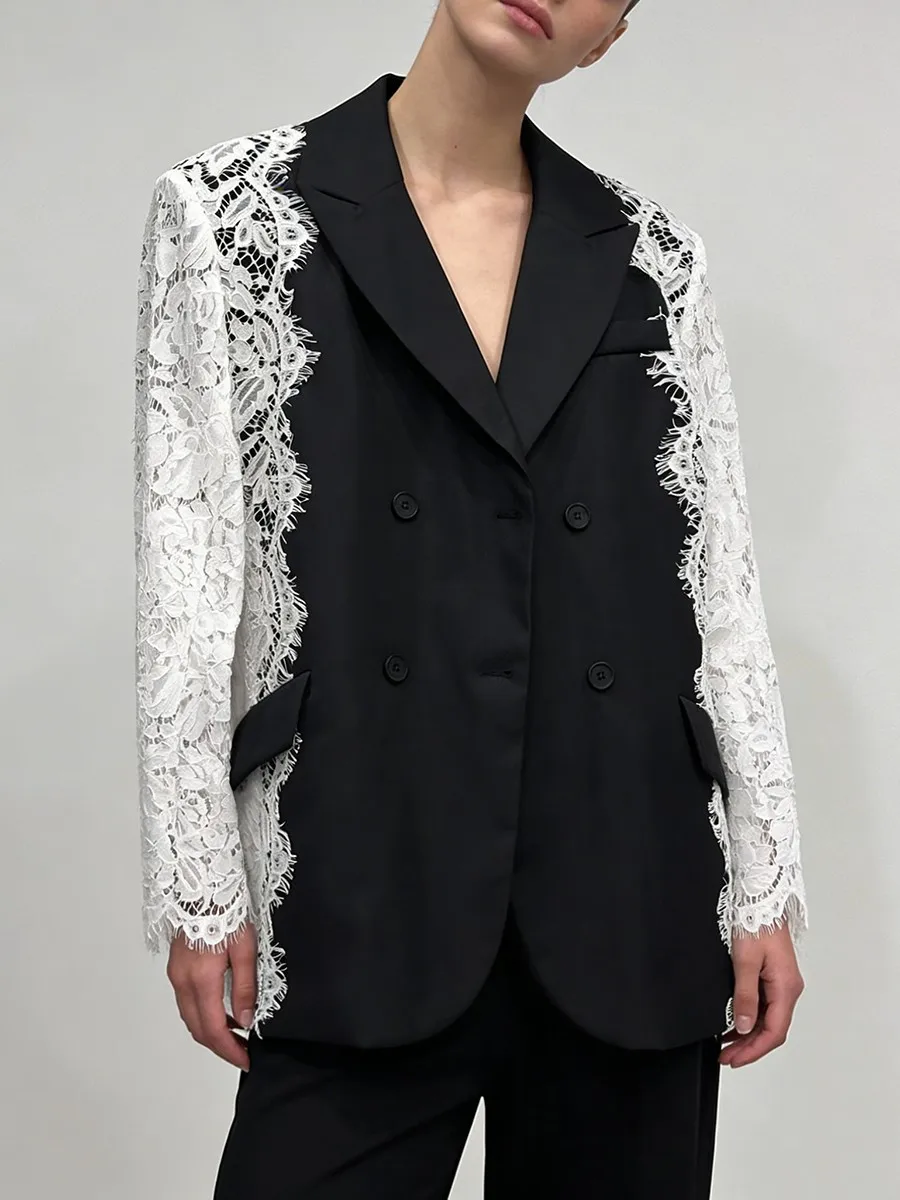 TWOTWINSTYLE Hit Color Loose Spliced Lace Fashion Blazer for Women Lapel Long Sleeves Hollow Out Design Sense Blazers Female New