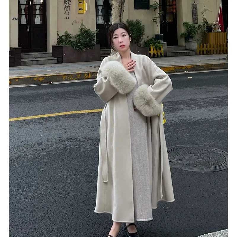 Hepburn Style Cuff Woolen Coat Women's 2025 Winter Coat New Thick Lace up Medium Long Style Ladies Style Woolen Coat Solid Color