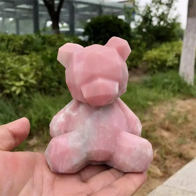 9.7MM Natural Pink Opal Facet Bear Cartoon Carving Hand Cartoon Stones Healing Polished Mineral Ornaments Home Decoration 1PCS