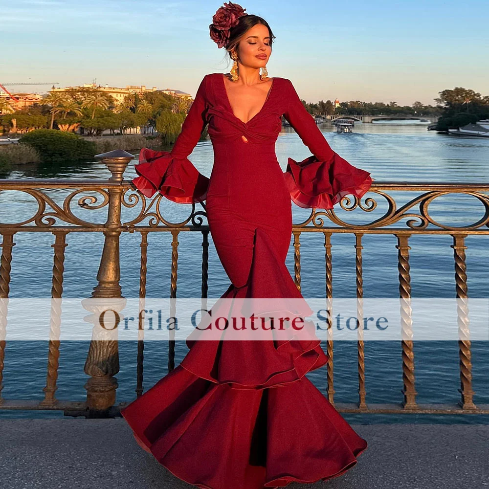 Vestido de noite flamenco vermelho, Manga comprida, Saia com decote V, Vestidos de festa bailarina, Roupa formal para ocasiões