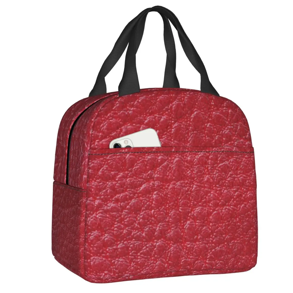

Red Leather Pattern Thermal Insulated Lunch Bag Women Portable Lunch Tote for Outdoor Camping Travel Storage Food Box