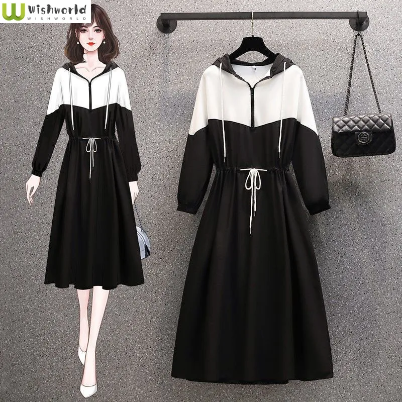 

Autumn and Winter Women's 2023 New Korean Edition Design Feeling Hooded Mid Length Dress with Waist Wrap to Show Thin Dress