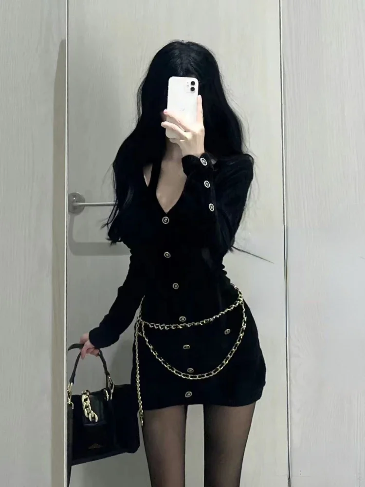 2023 Autumn Winter Y2K Black Knitted Dress Women Elegant Sexy Party Mini Dress Female Korean Fashion Slim Sweater Dress Chic