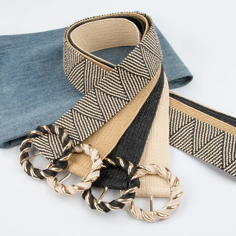 Cotton and Linen Woven Forest-Style Elastic Waist Belt with Round Pin Buckle, Retro Ethnic Wide Waist Cincher for Dresses Women