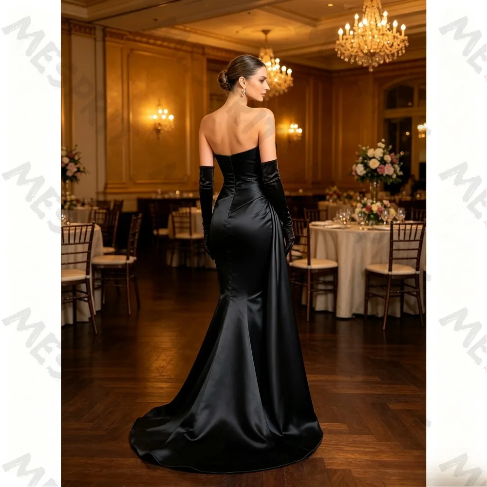 Customized Simple Strapless Satin Mermaid Evening Gowns with Uneven Pleats Same Color Gloves Waist Belt Trailing Party Dresses