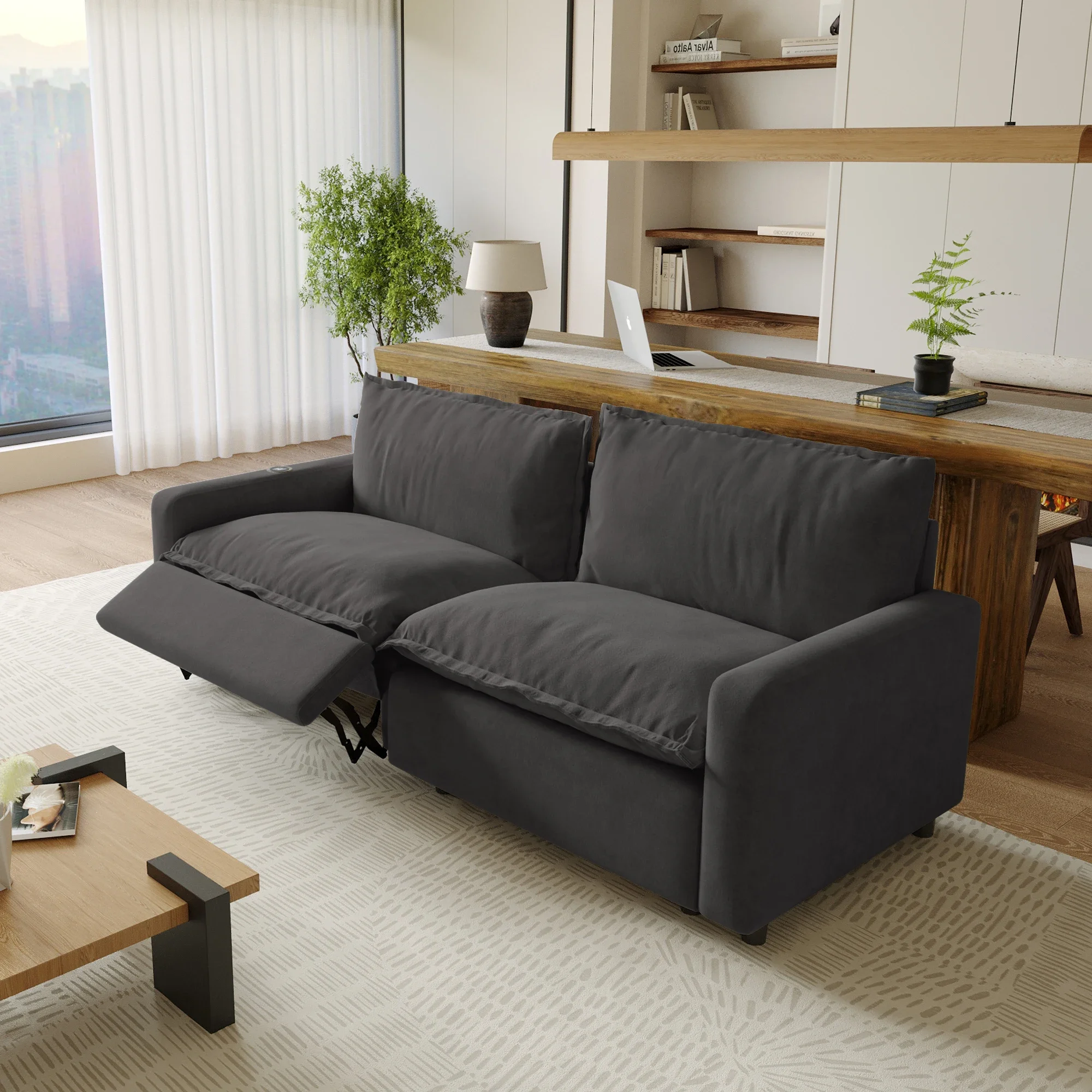 Functional Recliner Electric Adjustable Dark Gray Multi-port Charging Living Room Modular Sectional Sofa Couch Set