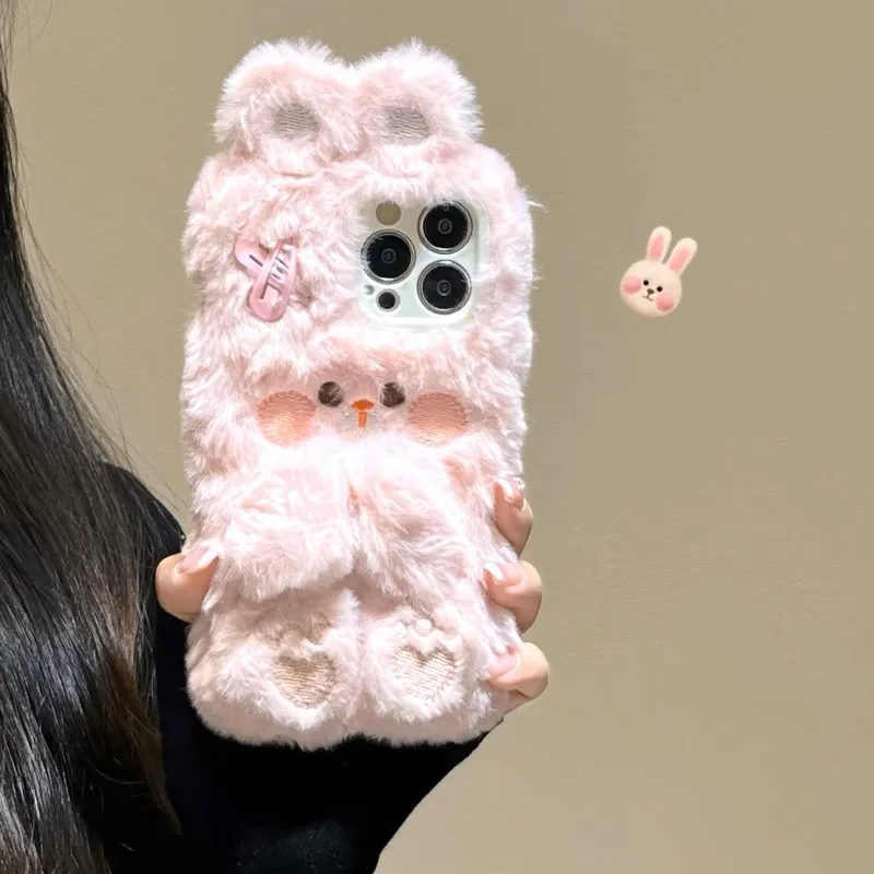 Pink Cute Hairpin Bunny Plush Phone Case For iPhone 15 14 11 12 13 Pro Max Drop Protective Cover