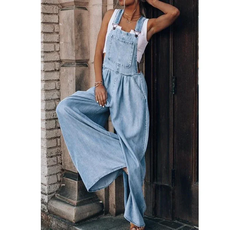 Women Denim Overalls Loose Jumpsuits Wide-leg Summer Female New Pocket High Waist Street Fashion Hole Casual Suspenders