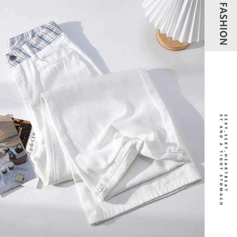 

White Wide Leg Jeans for Women Summer Thin Casual Loose Striped Pocket Denim Pants Fashion High Waist Straight Slim Trousers