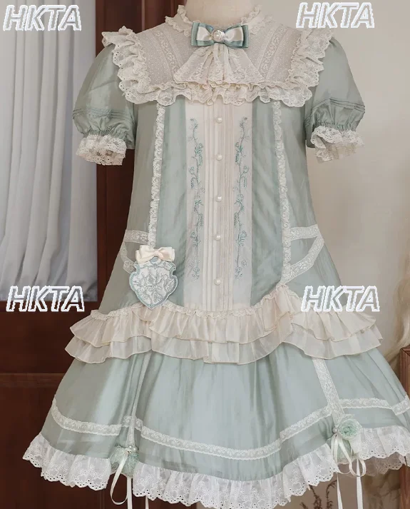 Japanese Autumn New Vintage Lace Embroidery Pearl Bow Loose Bubble Short Sleeve Top Ruffle Edge Skirt Sweet Lolita Suits Women