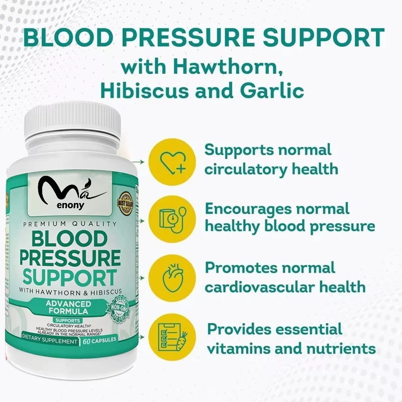 Blood pressure support supplement containing hawthorn, hibiscus, and garlic - herbal vitamins support normal heart health