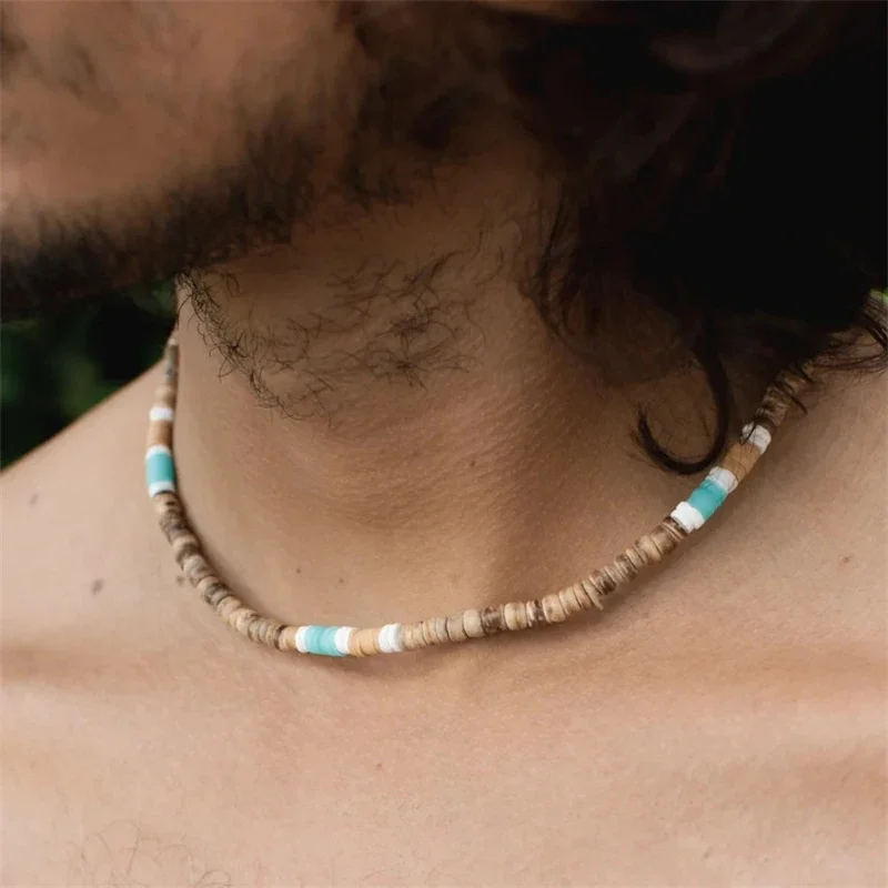 Natural Brown Coconut Shell Beaded Chain Necklace Men Trendy Wood Beads Short Choker Necklace Collar on Neck 2024 Jewelry Male