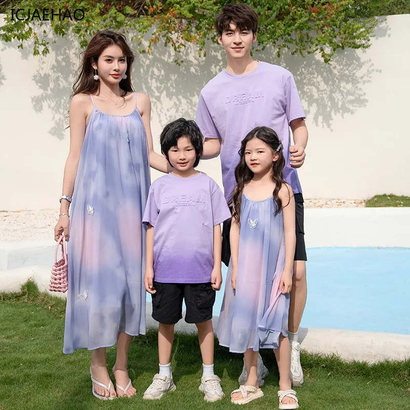 

2025 Matching Family Summer Cute Dresses Mom Daughter Father Son Vacation Beach Mother Daughter Clothes Casual Set Travel