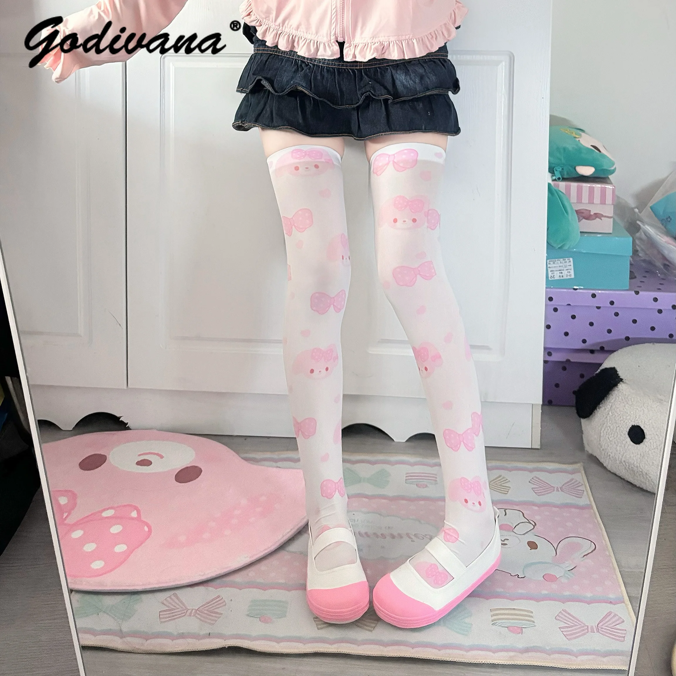 Cute Rabbit Thigh Socks Sweet Girls Daughter Knee Socks Spring Bow Strawberry Water Color Long Socks Subculture Mine Stockings