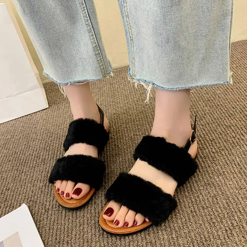 2022 Beach Shoe Casual Summer Women Sandal Solid Faux Fur Peep Toe Leisure Buckle Ladies Flat Shoes Female Footwear Plus Size 43