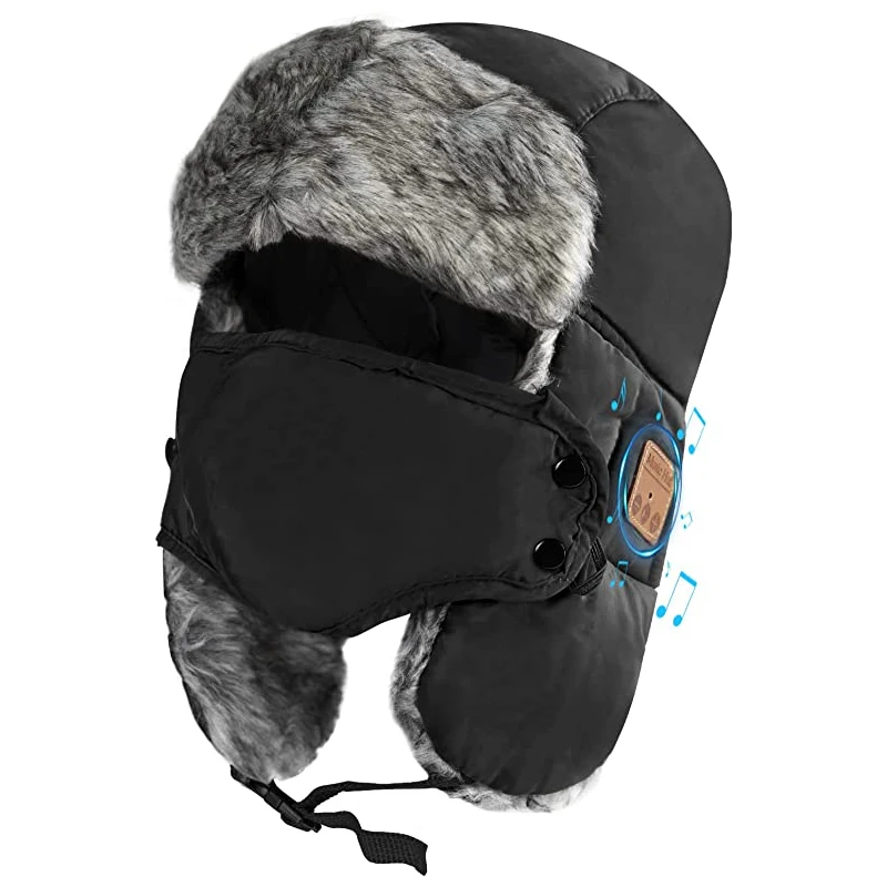 Bluetooth Trapper Hat Wireless Trooper Russian Warm Beanie with Ear Flaps Built-in Earphone with DETACHABLE FACE MASK