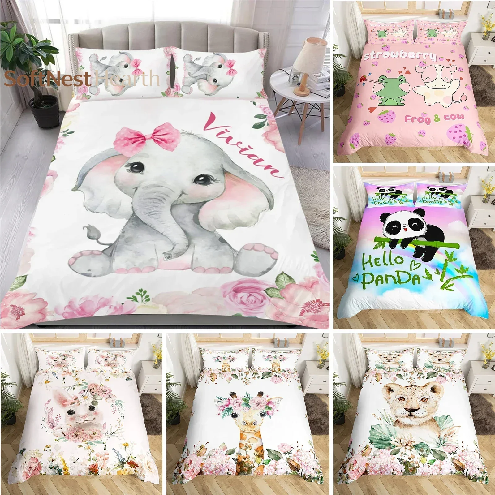2026 Lovely Baby Elephant Flowers Duvet Cover Set Cute Cartoon Animals Bedding Set Giraffe Quilt Cover Twin Full For Girls Boys