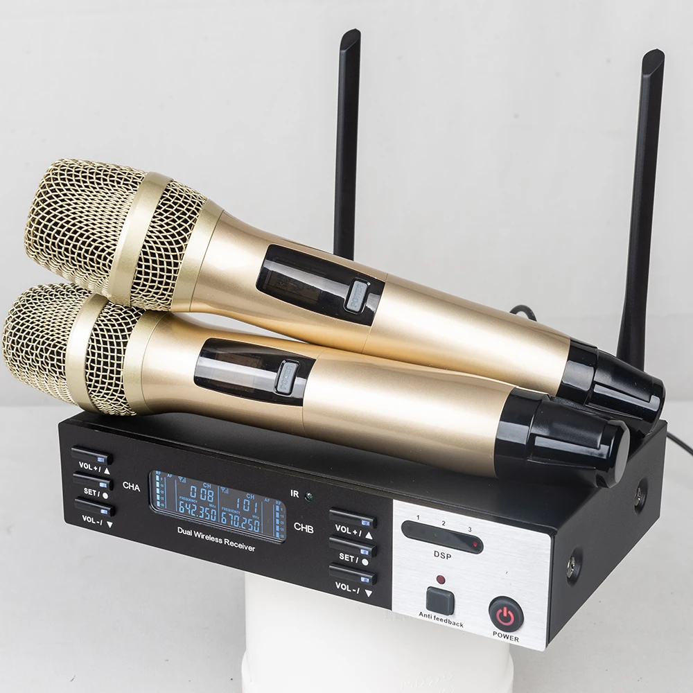 ميكروفون لاسلكي محمول باليد UHF ، ميكروفون كاريوكي لأداء المسرح KTV المنزلي ، من من من وإلى MHz ، DSP ، 2 قناة