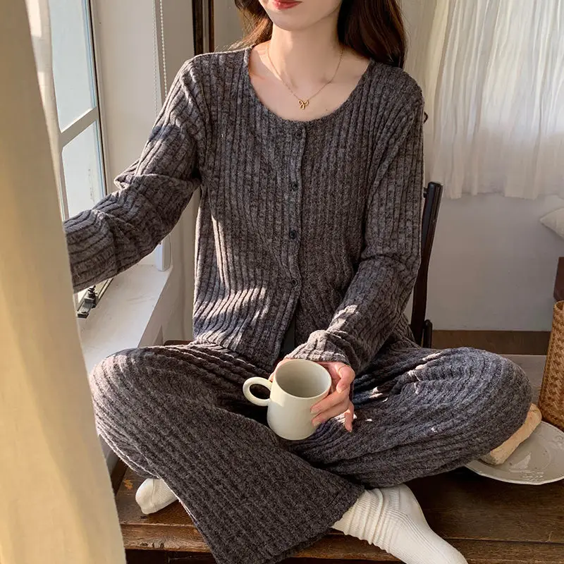 Spring and autumn new pajamas women's simple gray lace-up cotton pad suspender sweet cotton long-sleeved three-piece loungewear