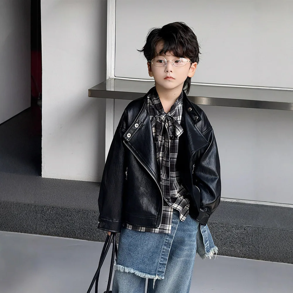 Teen Boys Biker Faux Leather Jacket Casual Cool Streetwear Fall School Kids Stand-collar Leather Coat Versatile Child Outerwear