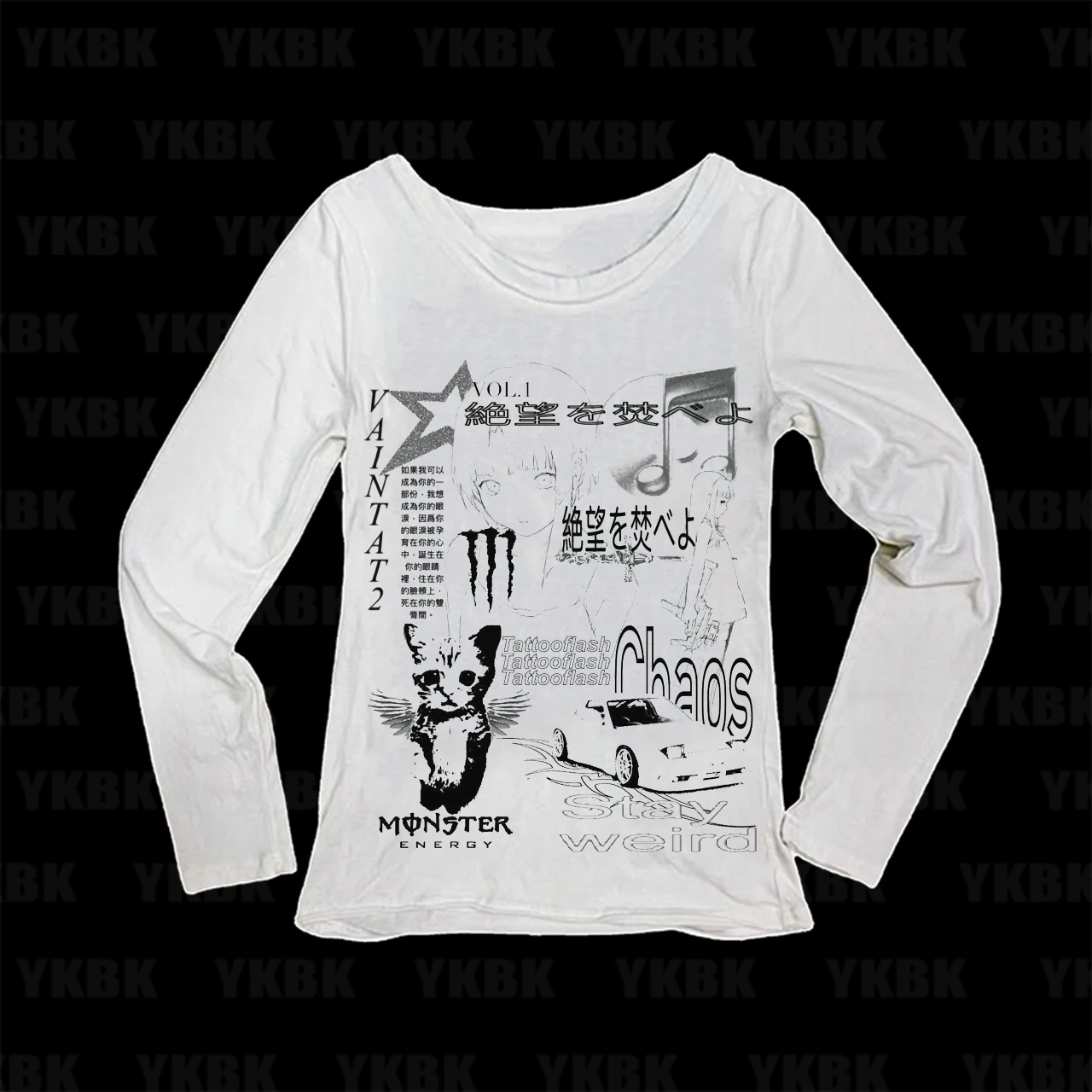 Grunge Y2K Women Long Sleeve Top Manga Chaos Collage Graphic Tee Slim Fit Alt Aesthetic Casual Autumn T‑Shirt
