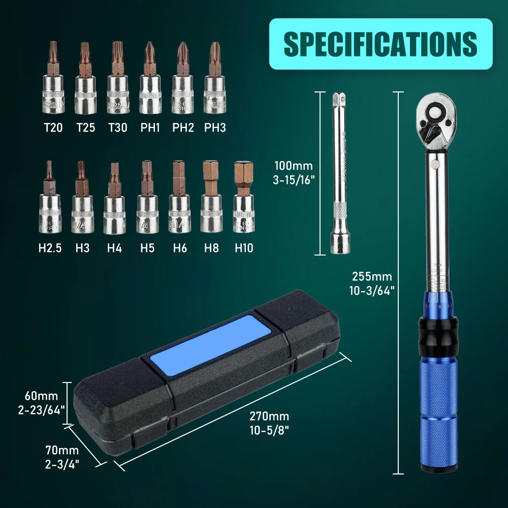 15PCS Bicycle Torque Wrench Set, Double-way Hex Ratchet Wrench with Special Sockets, Manual Tools for Bicycle & Household Repair