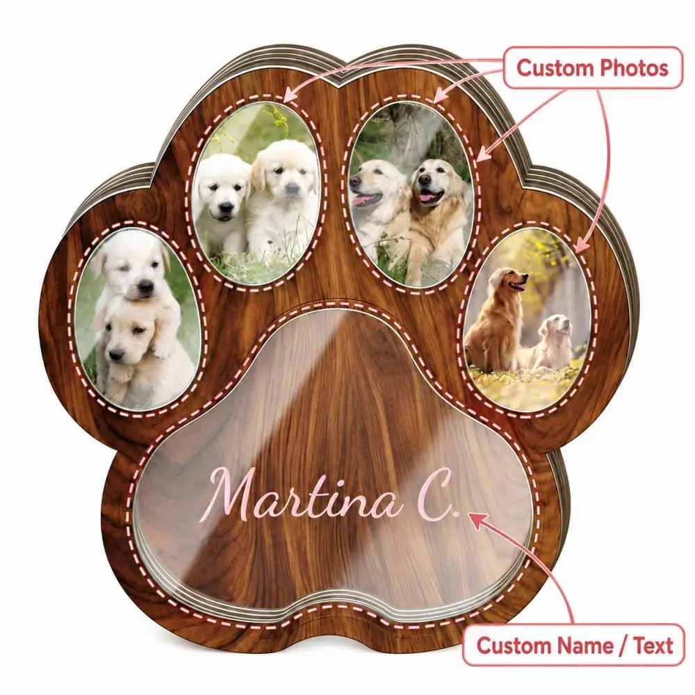 1Pc Wooden Pet Hair Commemorative Paw Print Ornament, Custom Pet Photos and Name or Text, Remembrance Gift for Dog and Cat Lover