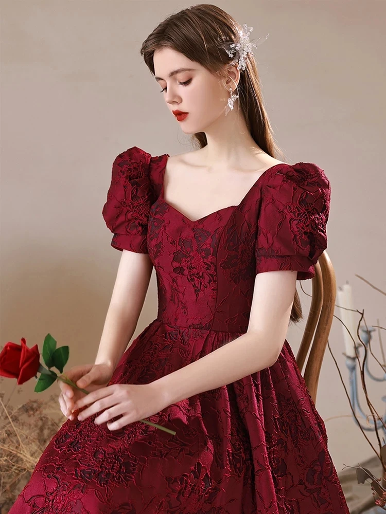 Customized Wine Red Satin Half Sleeve Evening Dresses For Wedding Party Elegant Square A-Line Floor-Length Bride Reception Gowns