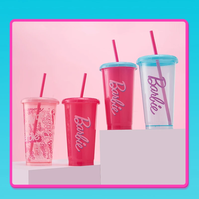 Barbie Series Plastic Cup 65Th Anniversary Sunshine Shining Series Plastic Straw Cup 520ML 4Pcs Water Cup Set Girl Party Gift