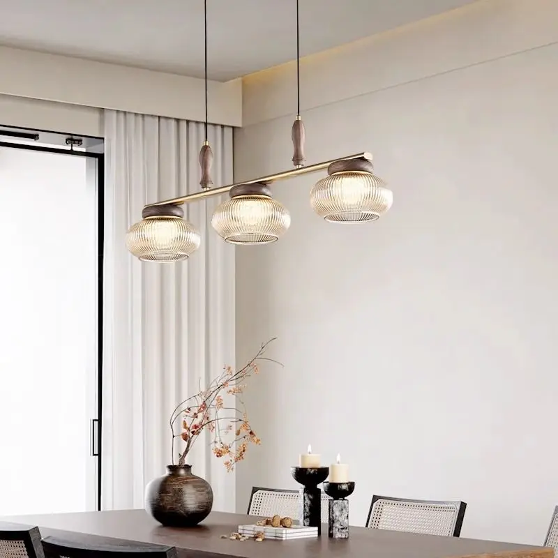 

Modern Long Strip Walnut Solid Wood with Pendant Lamps for Kitchen Island Restaurant Board Teahouse Chandelier Lighting Fixture
