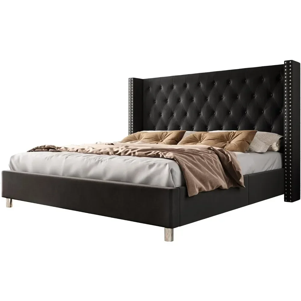 Queen En Kingsize Bedframe, Gestoffeerde Bedden Fluwelen Low-Profile Platformbedden Met Verhoogd Vleugelverdekkinghoofdeinde, Bedframe