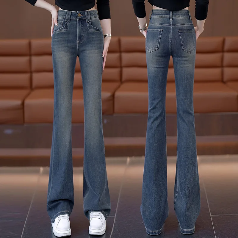 Теплые джинсовые расклешенные брюки на флисовой подкладке, утягивающие брюки-клеш