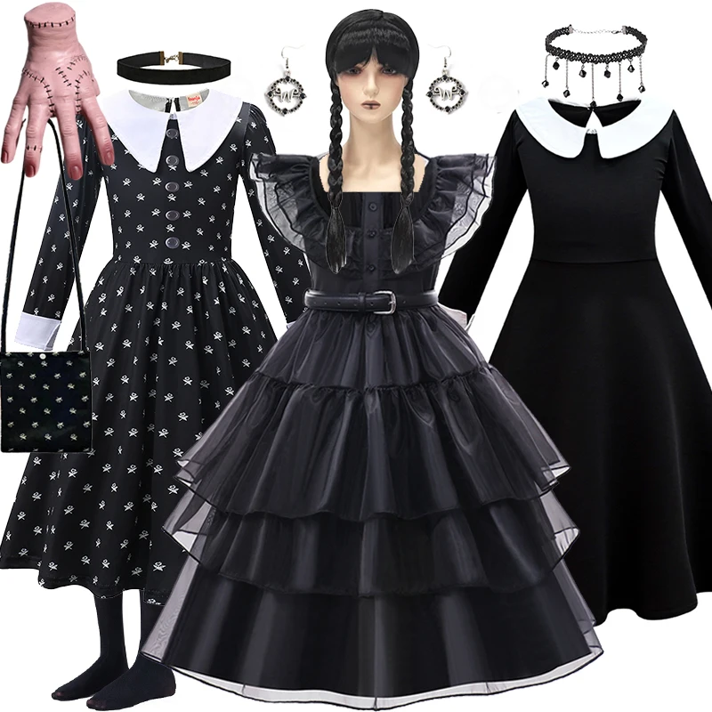 

Children Dress Movie Weds day Costume for Girls Kids Halloween Carnival Cosplay Black Costume Party Dresses for Girls