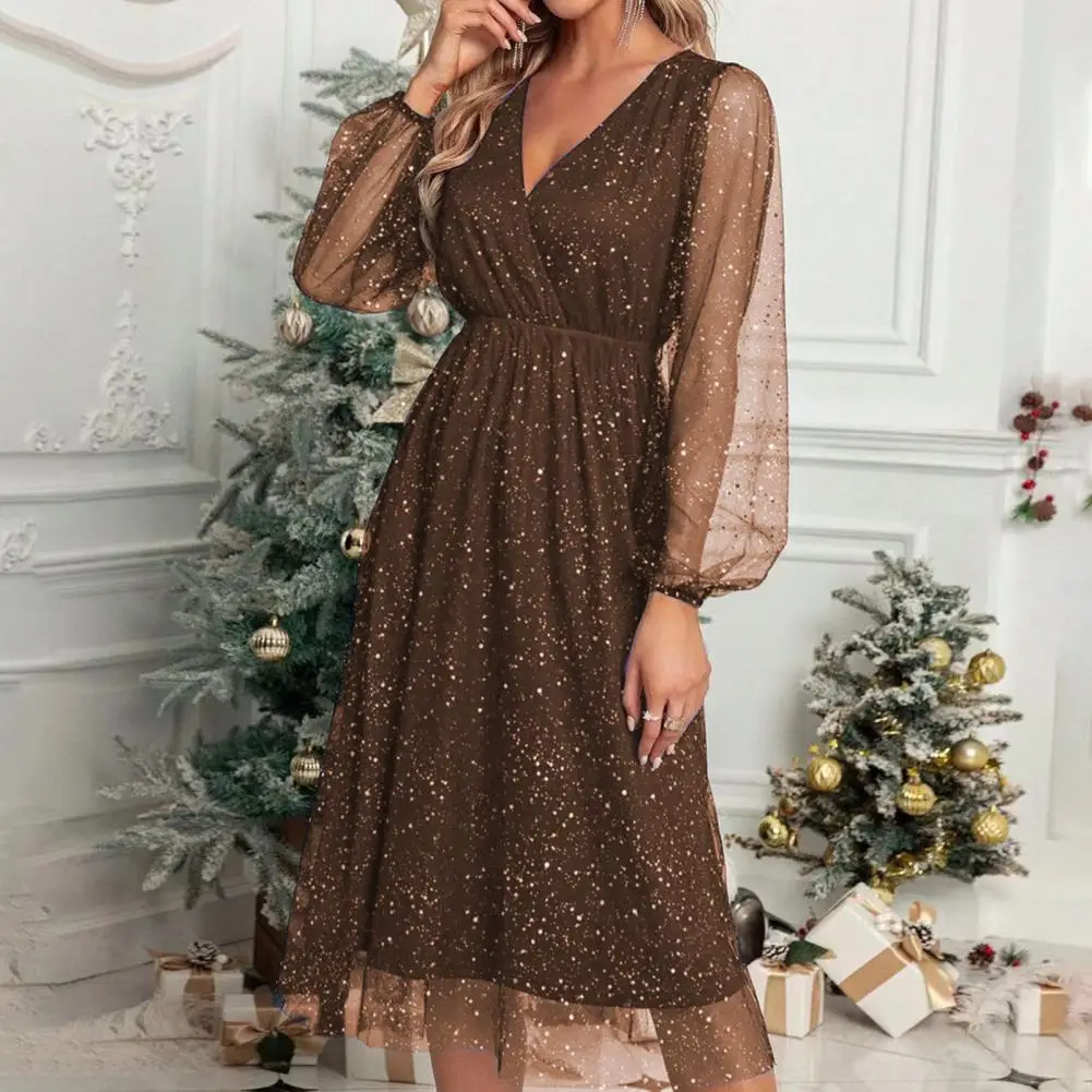 Vestido elegante elegante manga de malha vestido de festa com decote em v com cintura slim fit saia plissada de camada dupla para mulheres na altura do joelho