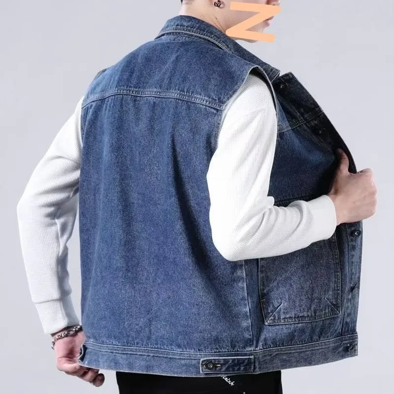 Spring and Autumn Men's American retro denim vest new loose sleeveless workwear denim vest jacket