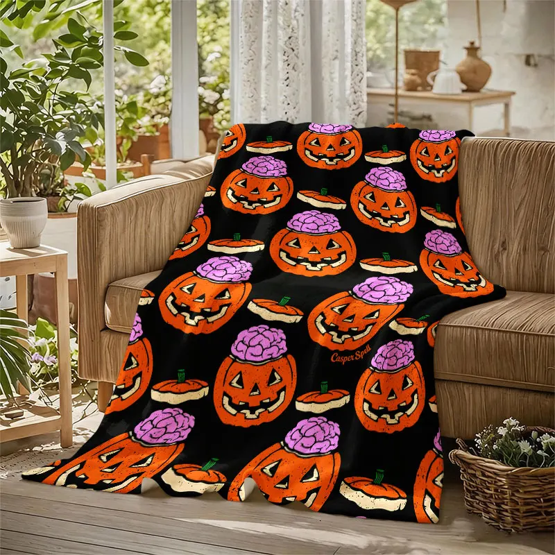 Halloween Pumpkin Brain Flannel Blanket Warm Soft Halloween Christmas Decorative Couch Warm Cozy All-Season Gift