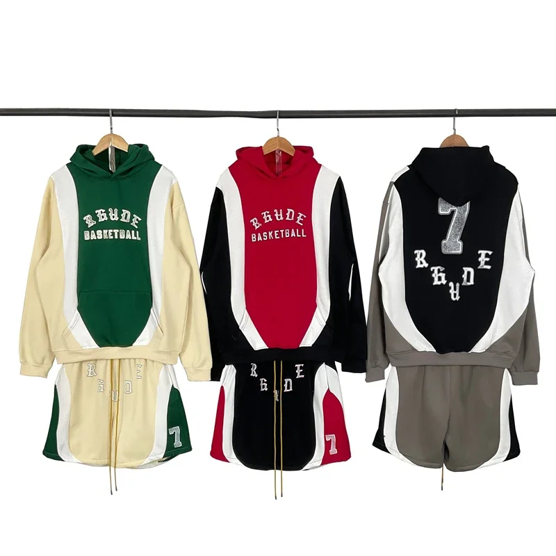 

American Streetwear Trend Pullover Tracksuit High Quality Retro Patchwork Printed Rhude Fleece Hoodie