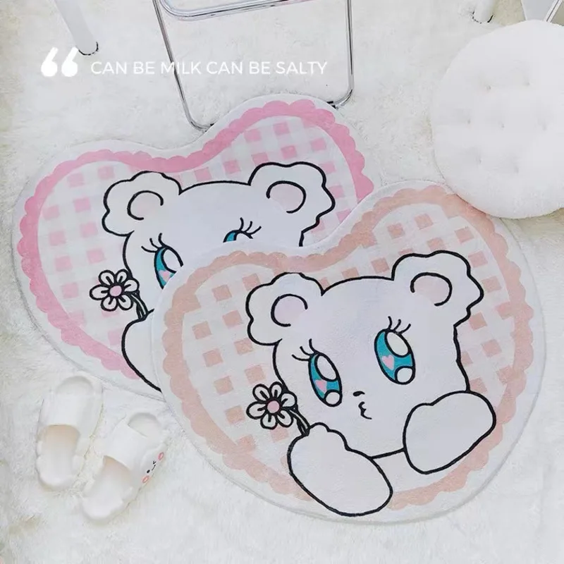 Cartoon Cute Bear Carpet Animal Heart Shape Carpet Non Slip Machine Washable Bedside Plush Rug Home Decor Room Girl Children Mat