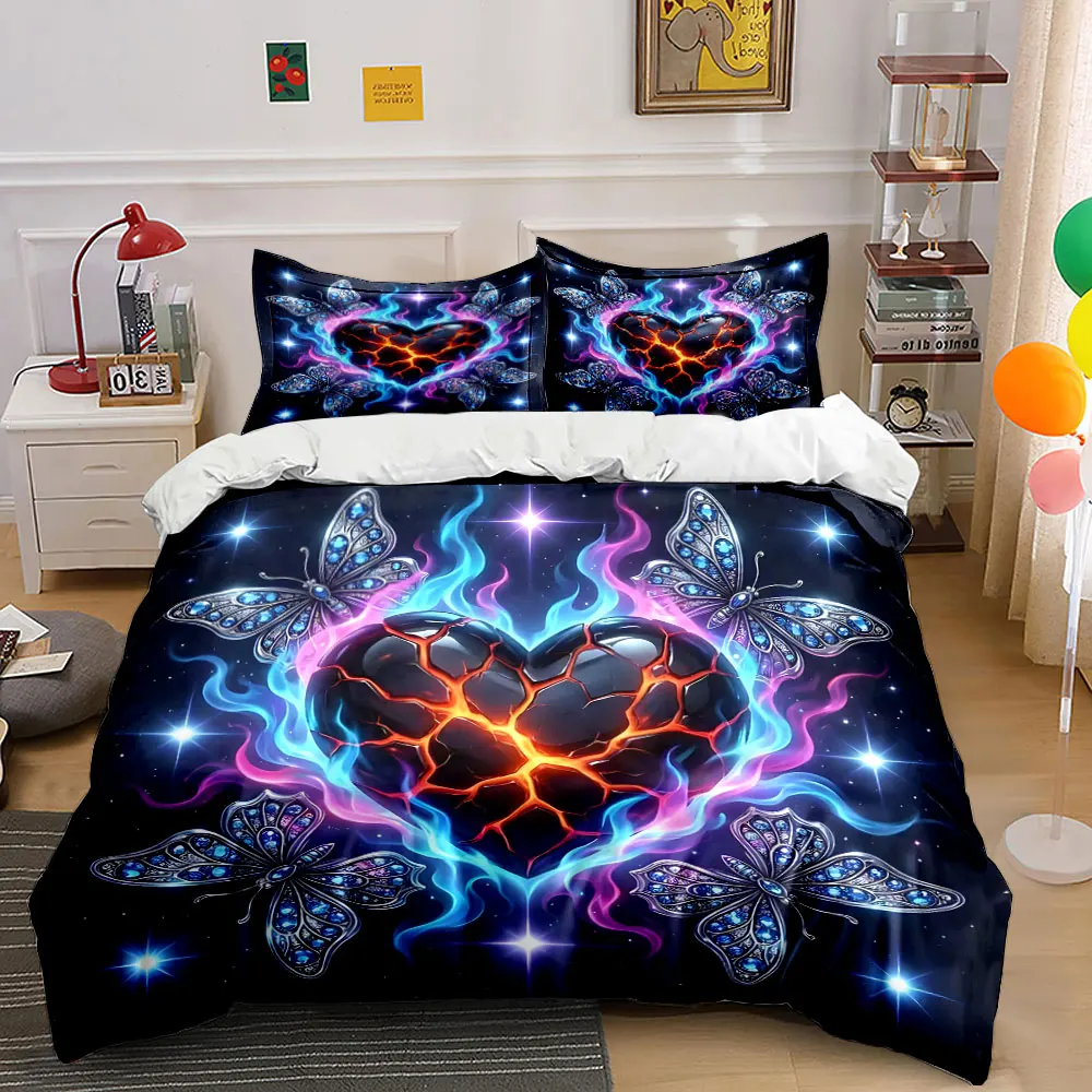 Burning Heart and Glittering Butterflies Print Bedding Set 1 Duvet Cover 2 Pillowcases for Adult and Children Luxury Gift